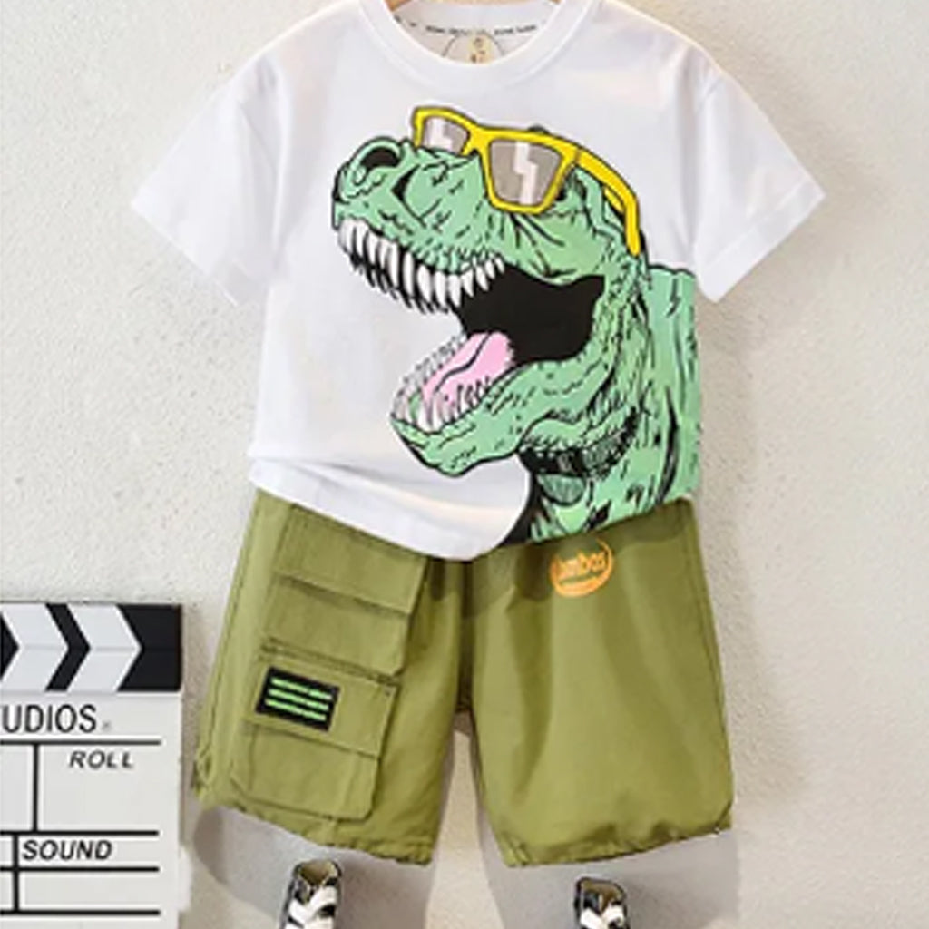 2pcs Toddler Boy Playful Dinosaur Print Tee & Cargo Shorts Set