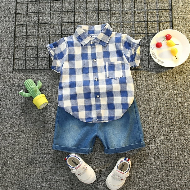 2-Piece Toddler Boy Plaid Short-sleeve Shirt and Denim Shorts Set