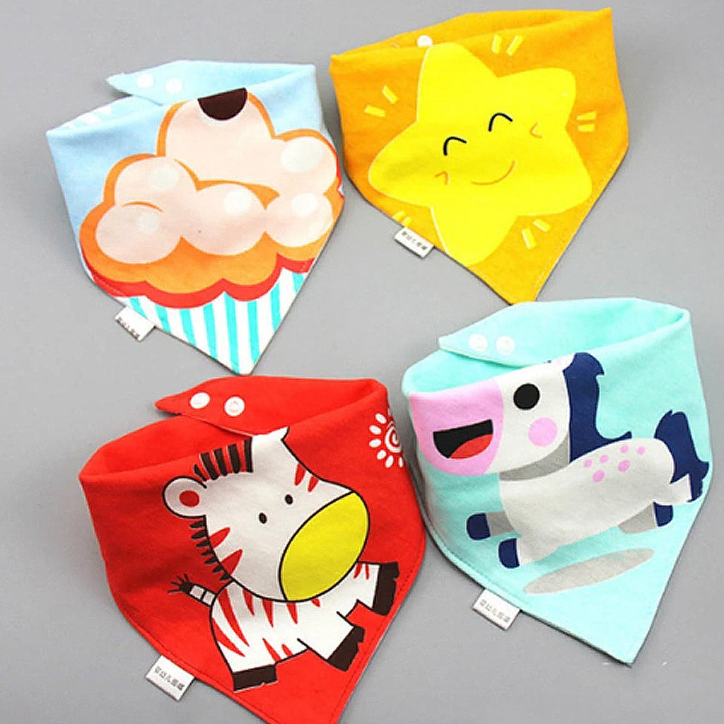 4 Pcs Cute Cartoon Print Triangle Cotton Bibs Double-layer Waterproof