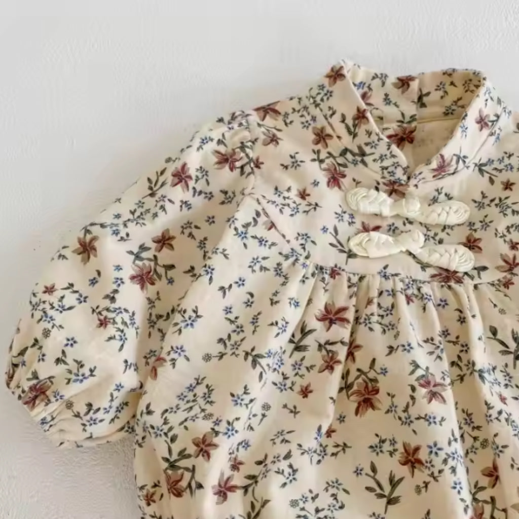 Baby Girls Floral Printed Elegant Collar Long Sleeve Romper