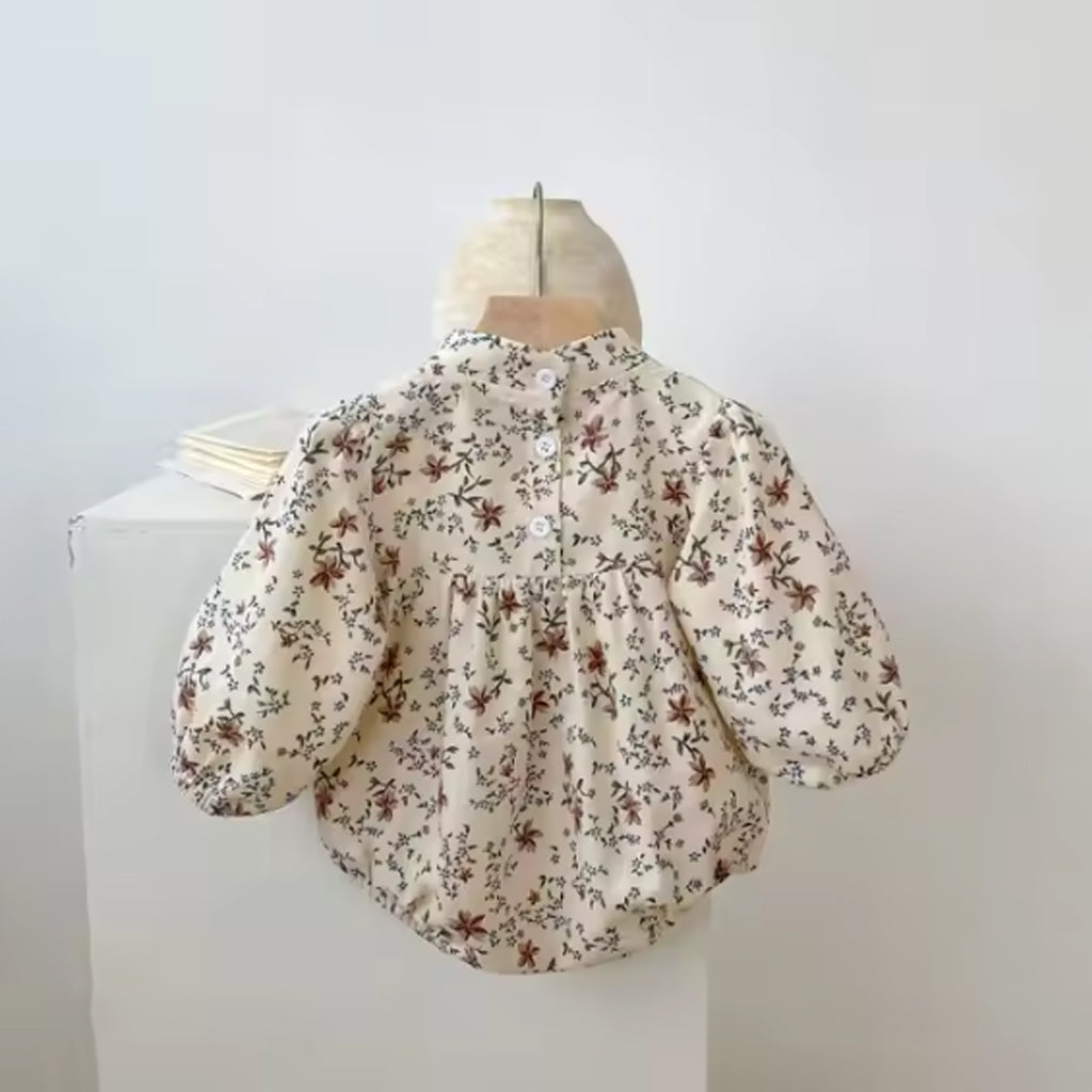Baby Girls Floral Printed Elegant Collar Long Sleeve Romper