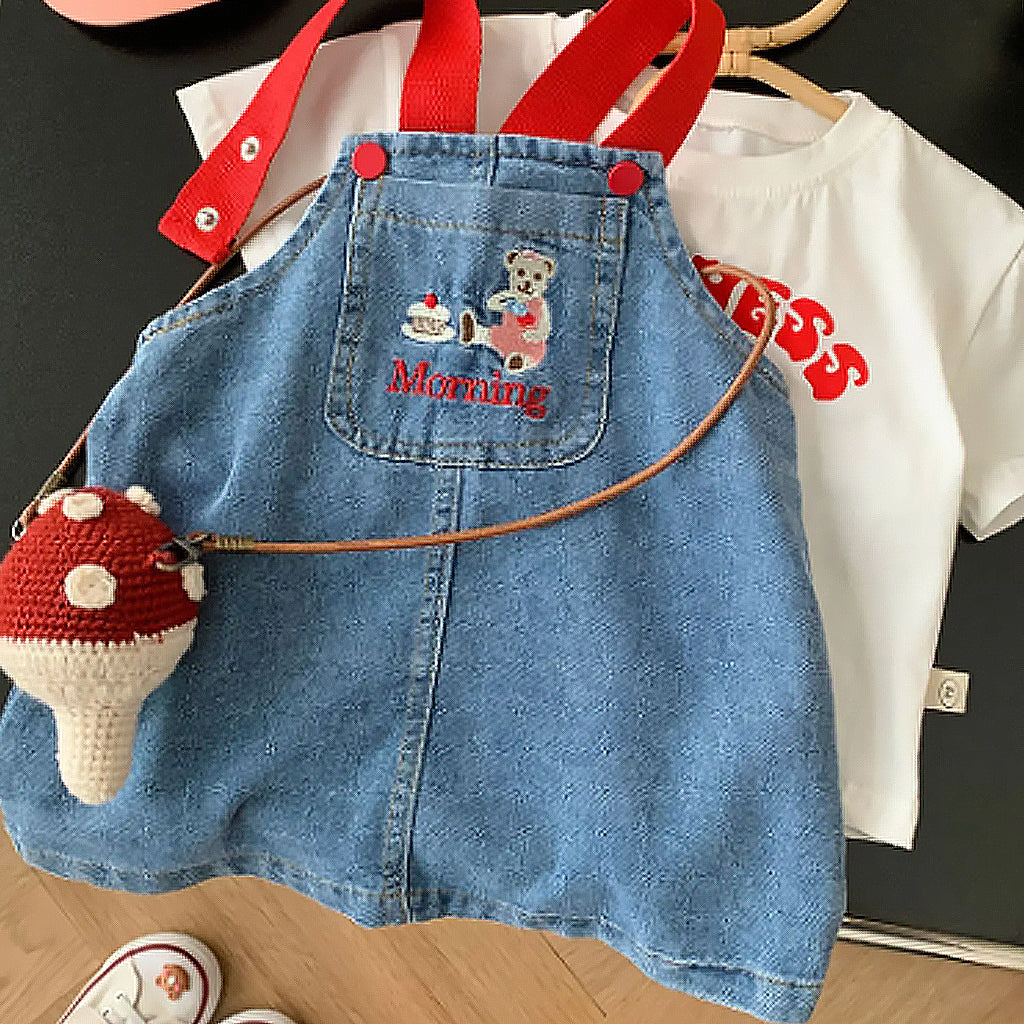 Baby Girl Embroidery Cartoon Little Bear Dress With Denim Skirt (Bag not included)