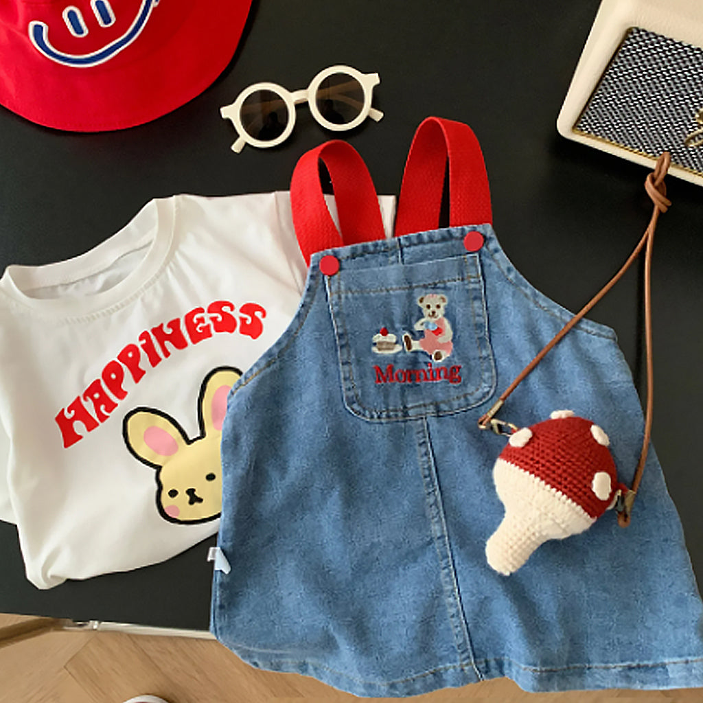 Baby Girl Embroidery Cartoon Little Bear Dress With Denim Skirt (Bag not included)