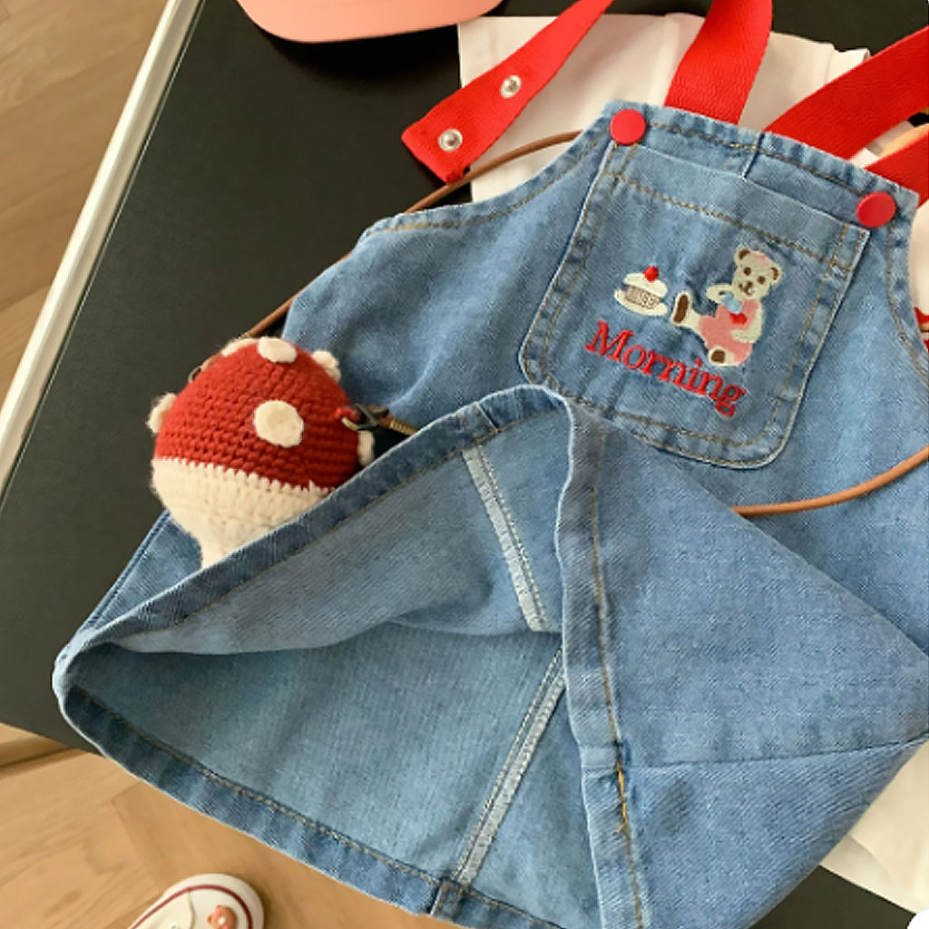 Baby Girl Embroidery Cartoon Little Bear Dress With Denim Skirt (Bag not included)
