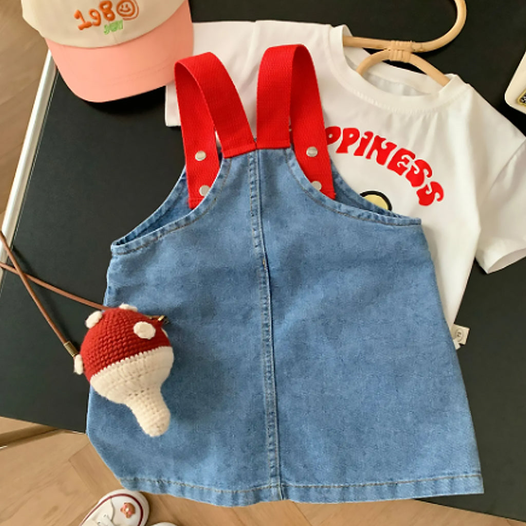 Baby Girl Embroidery Cartoon Little Bear Dress With Denim Skirt (Bag not included)