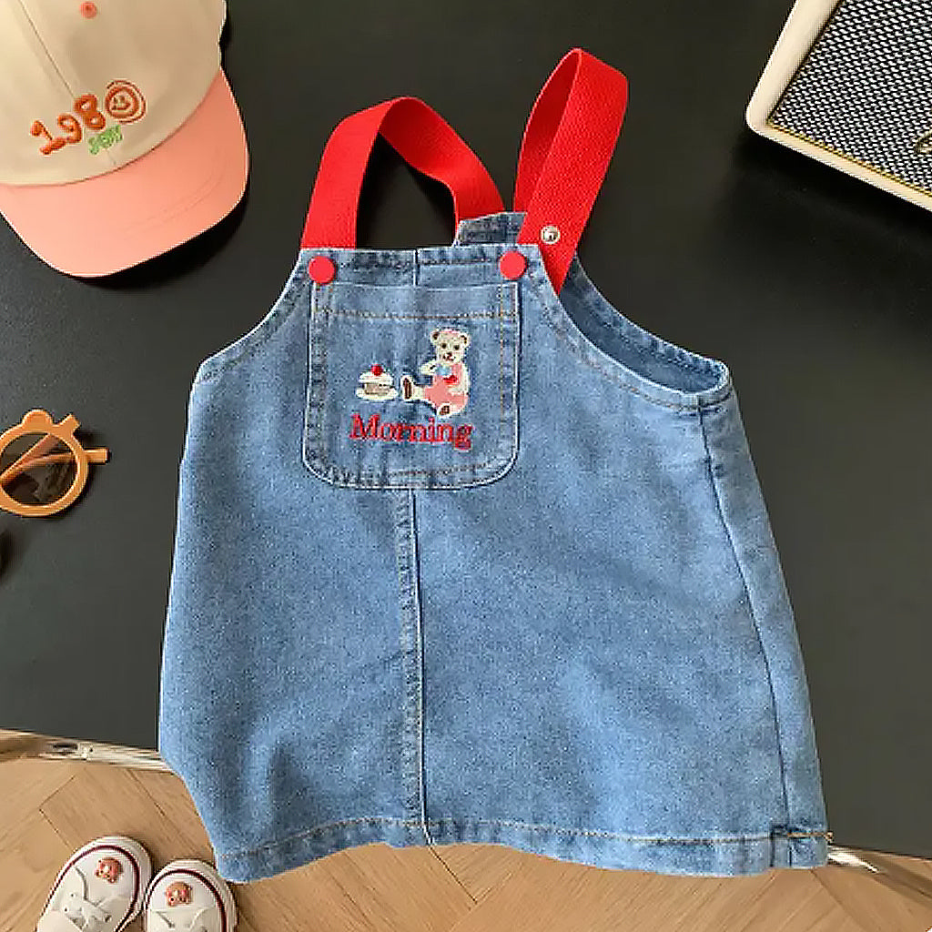 Baby Girl Embroidery Cartoon Little Bear Dress With Denim Skirt (Bag not included)