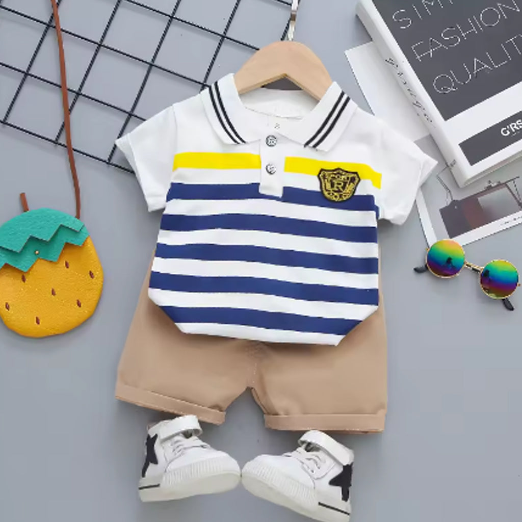 2 Pcs Baby Boy Cotton Stripes Print Polo Shirt And Short Set