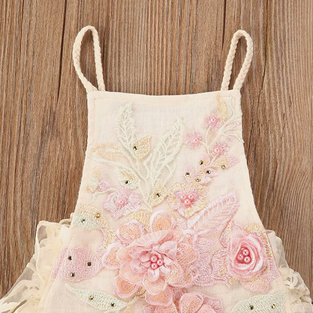 Baby Girls Floral Lace and Mesh Splicing Ruffle-Sleeve Party Romper