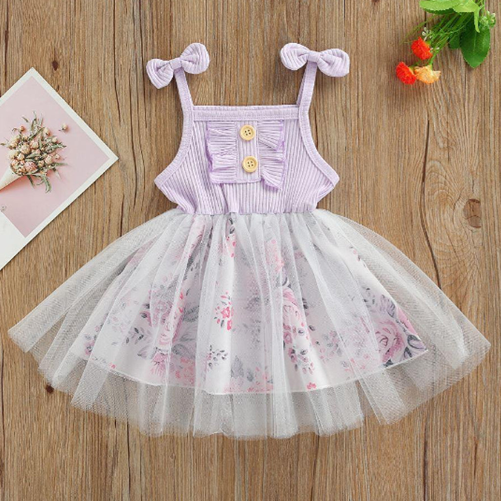 Baby Girl Summer Strap Sleeveless Floral Print Mesh Frock