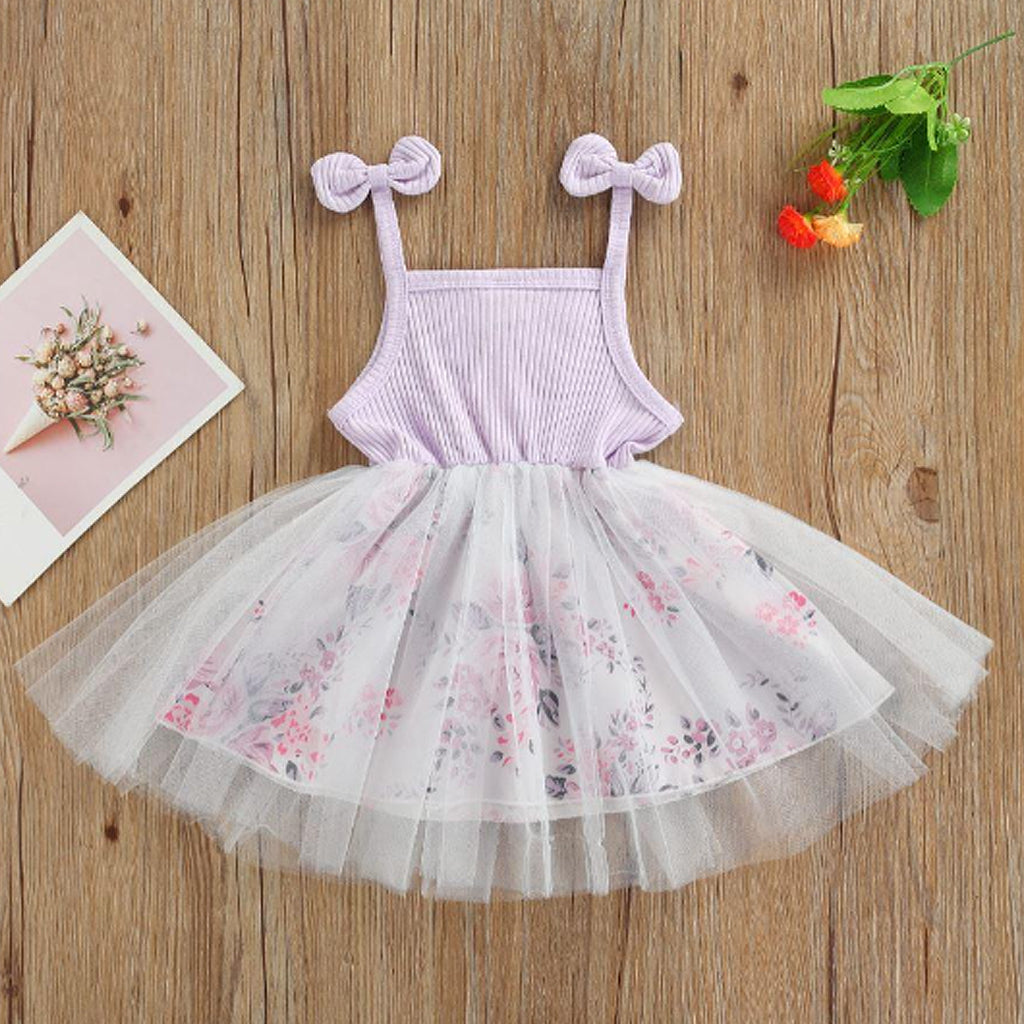 Baby Girl Summer Strap Sleeveless Floral Print Mesh Frock