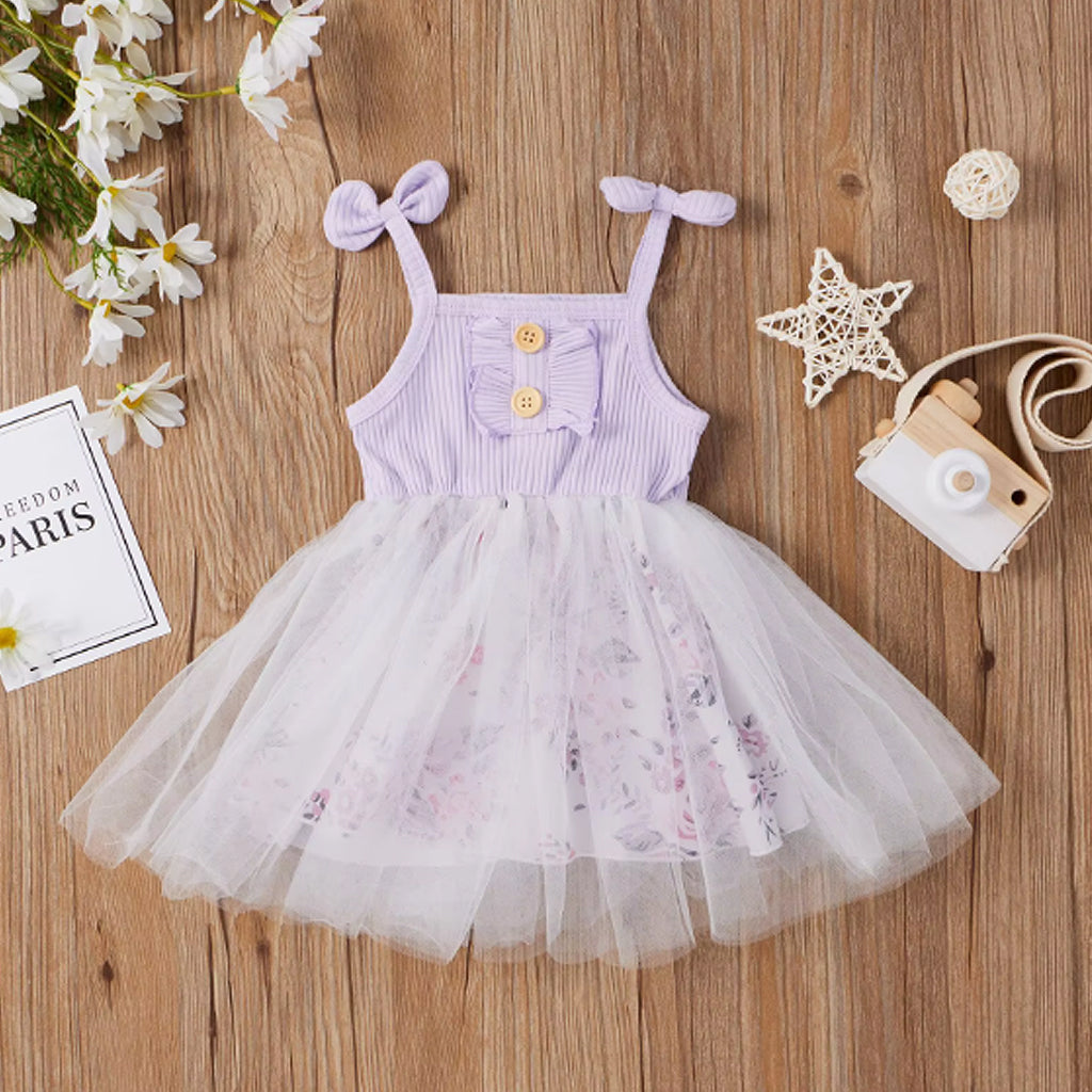 Baby Girl Summer Strap Sleeveless Floral Print Mesh Frock