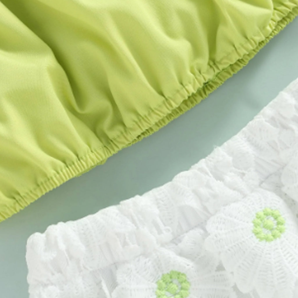 Baby Girls Sweet Square Puff Sleeve Top With Sunflower Lace Mini Skirt