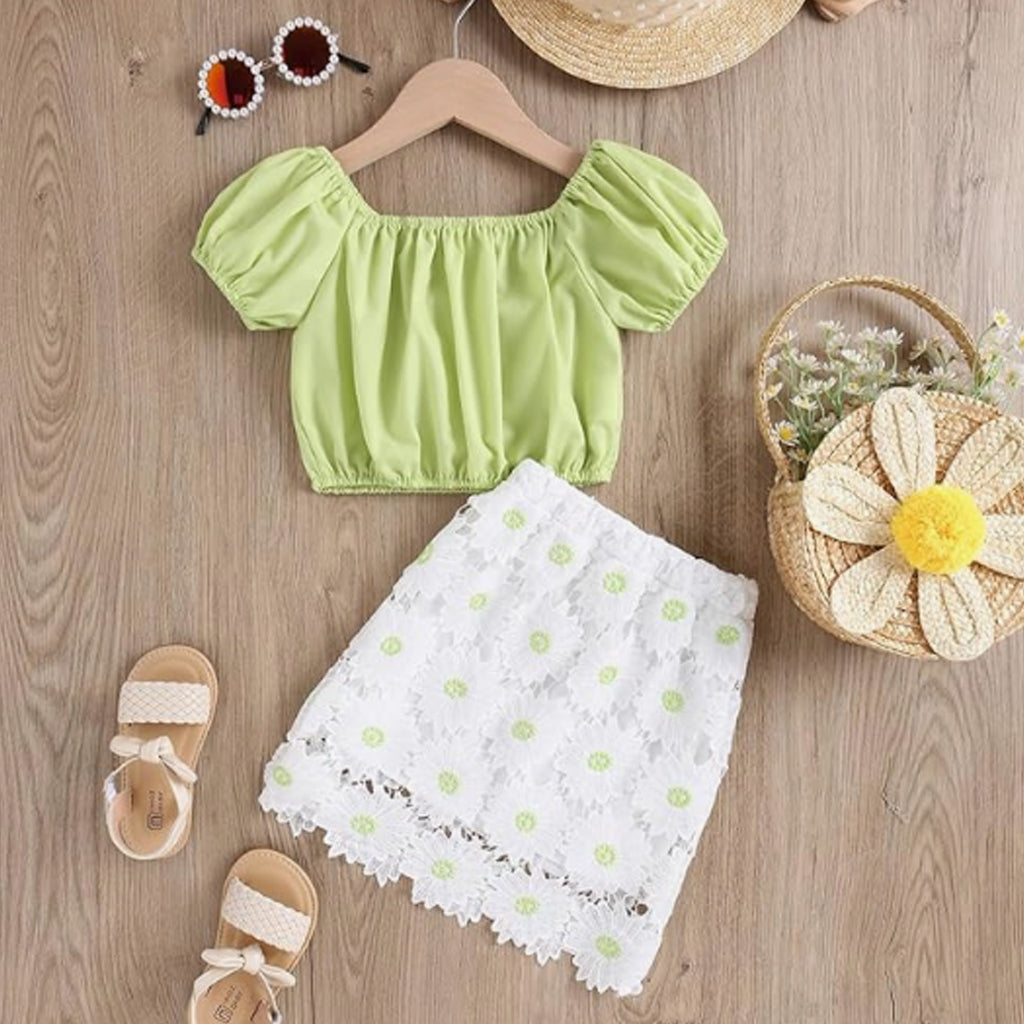 Baby Girls Sweet Square Puff Sleeve Top With Sunflower Lace Mini Skirt