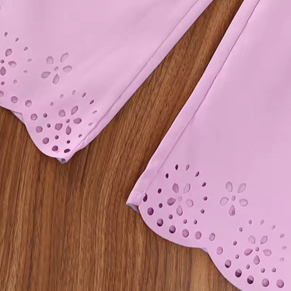 Baby Girl Cute Ruffle Print Top and Laser Cutout Belted Wide Leg Trouser