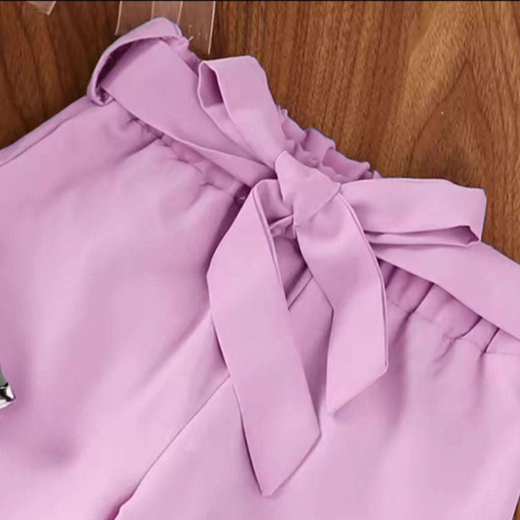 Baby Girl Cute Ruffle Print Top and Laser Cutout Belted Wide Leg Trouser