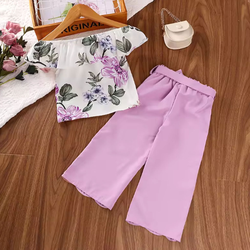 Baby Girl Cute Ruffle Print Top and Laser Cutout Belted Wide Leg Trouser