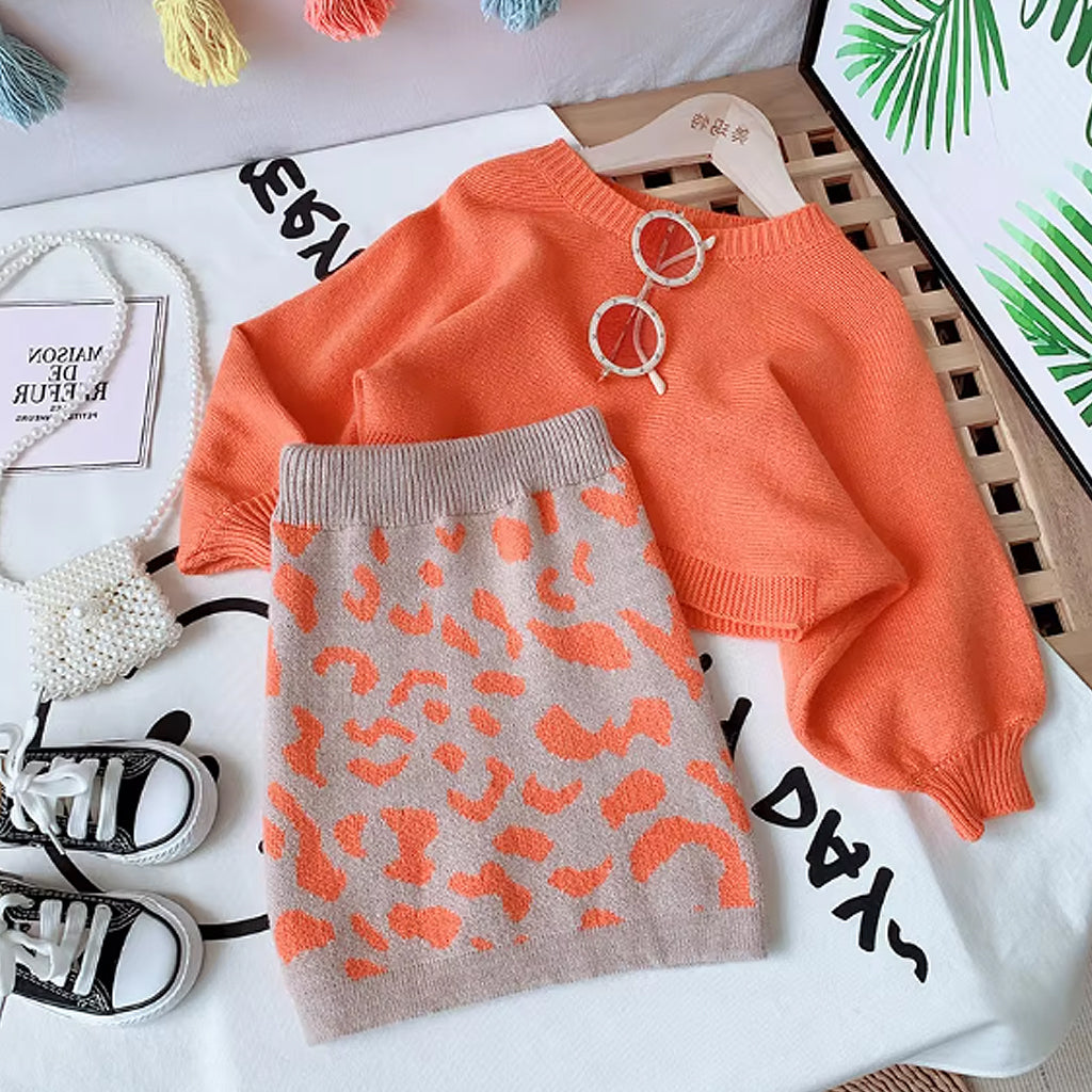 2pcs Toddler Girl Long-Sleeve Knitting Loose fit Sweater and Leopard Printed Skirt