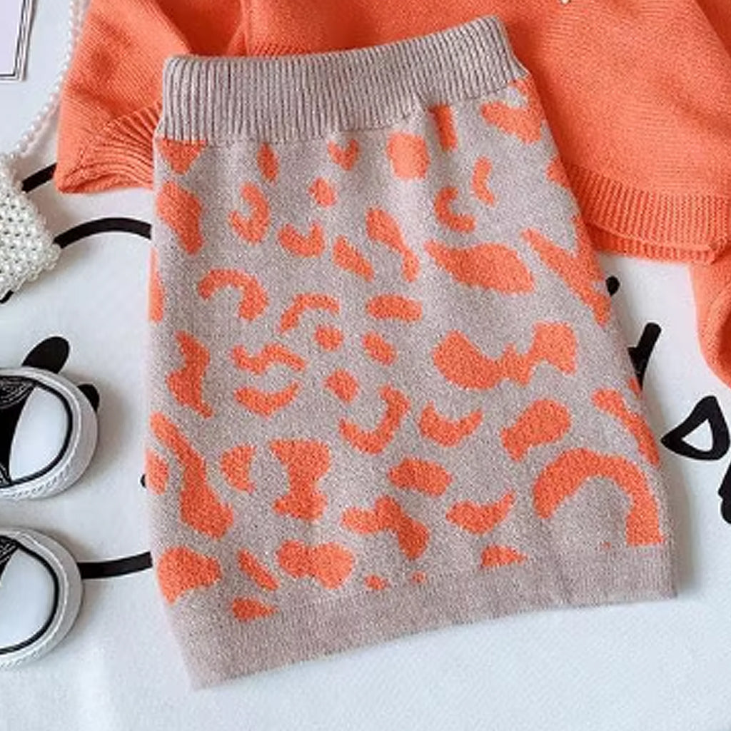 2pcs Toddler Girl Long-Sleeve Knitting Loose fit Sweater and Leopard Printed Skirt