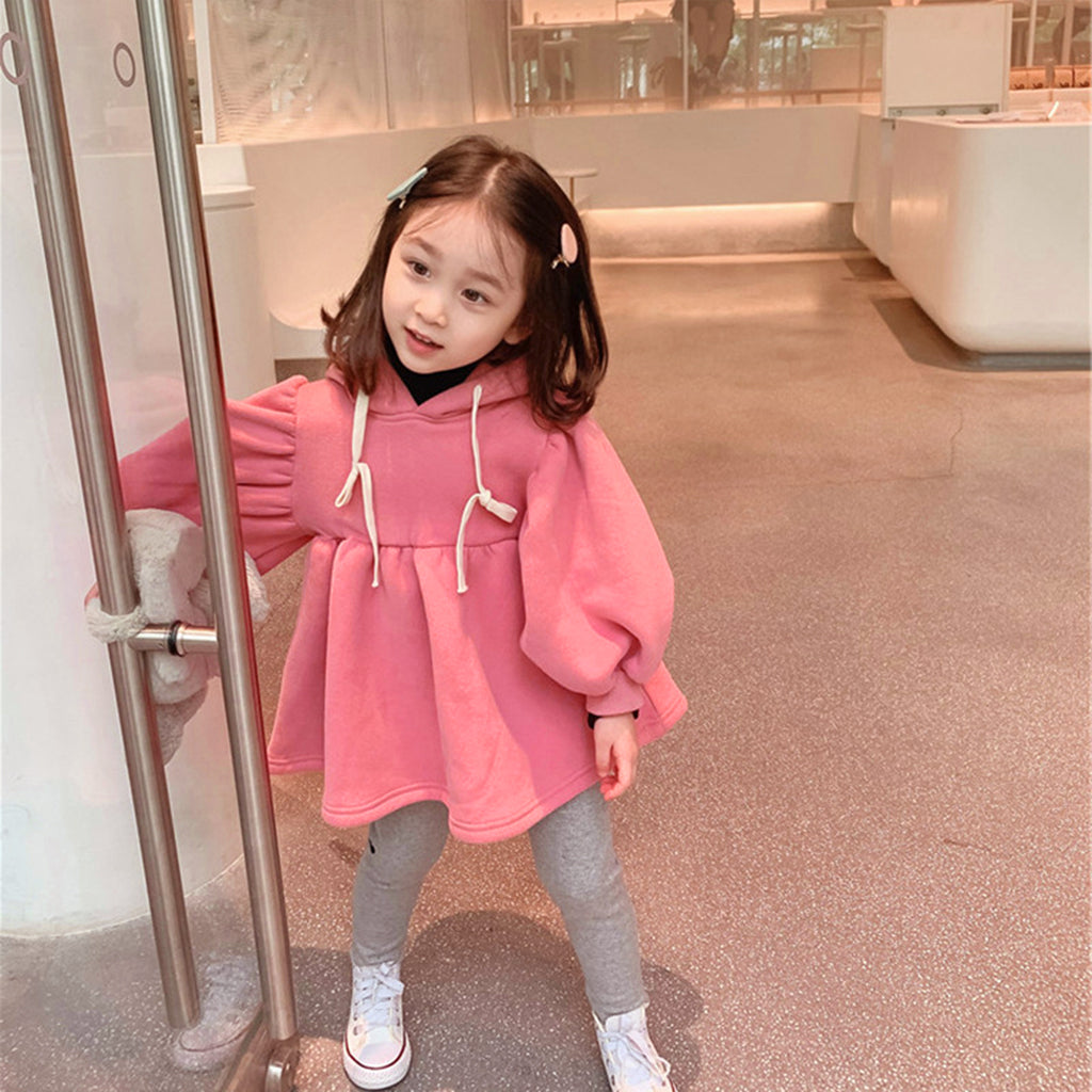 Baby Girl Solid Colour Puff Sleeve Frock with Hoodies