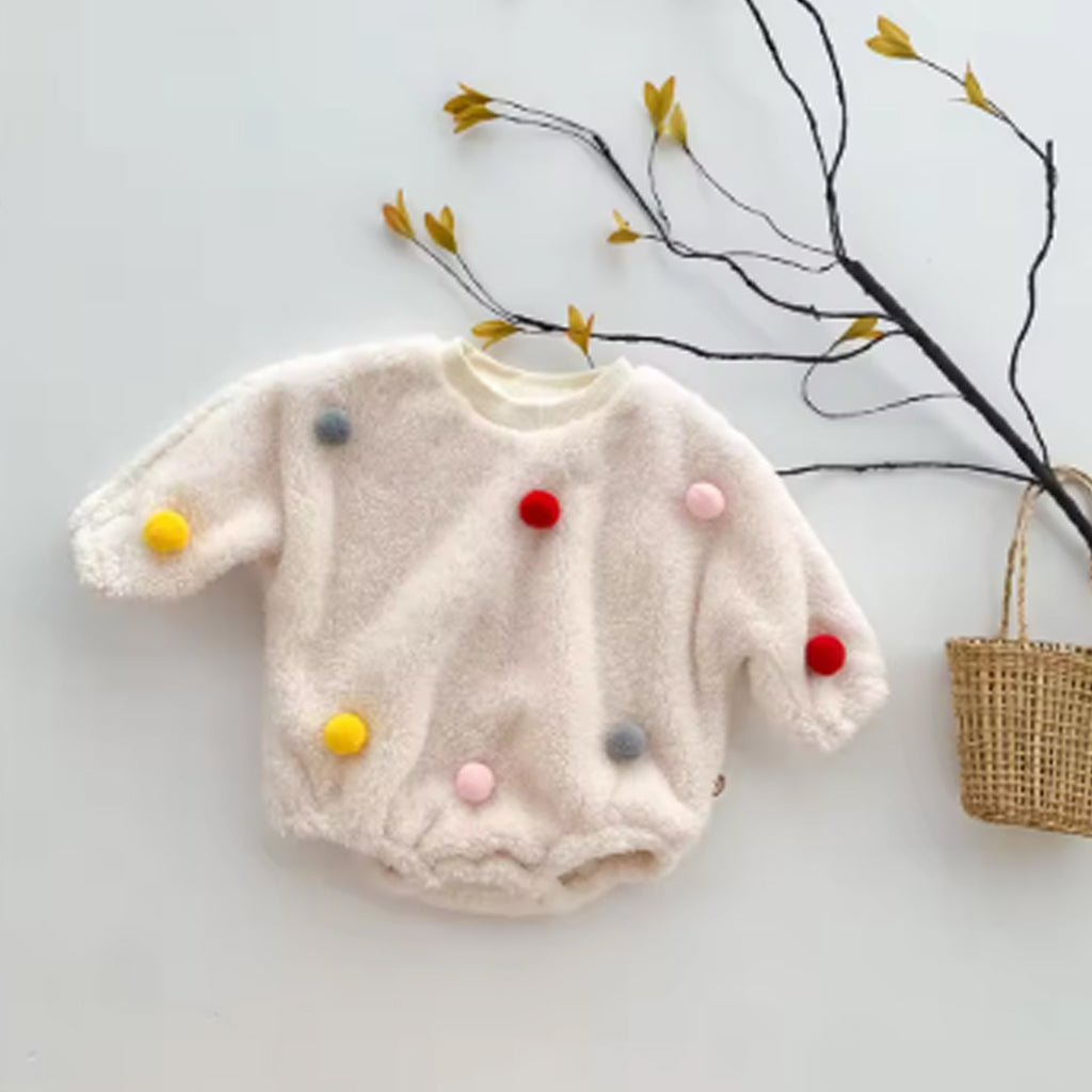 Baby Girl Full Sleeve Pompom Decor Solid Romper