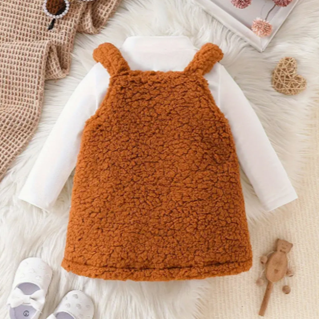 2pcs Baby Girl Animal Embroidery Fuzzy Overall and Mock Neck Long Sleeve Top