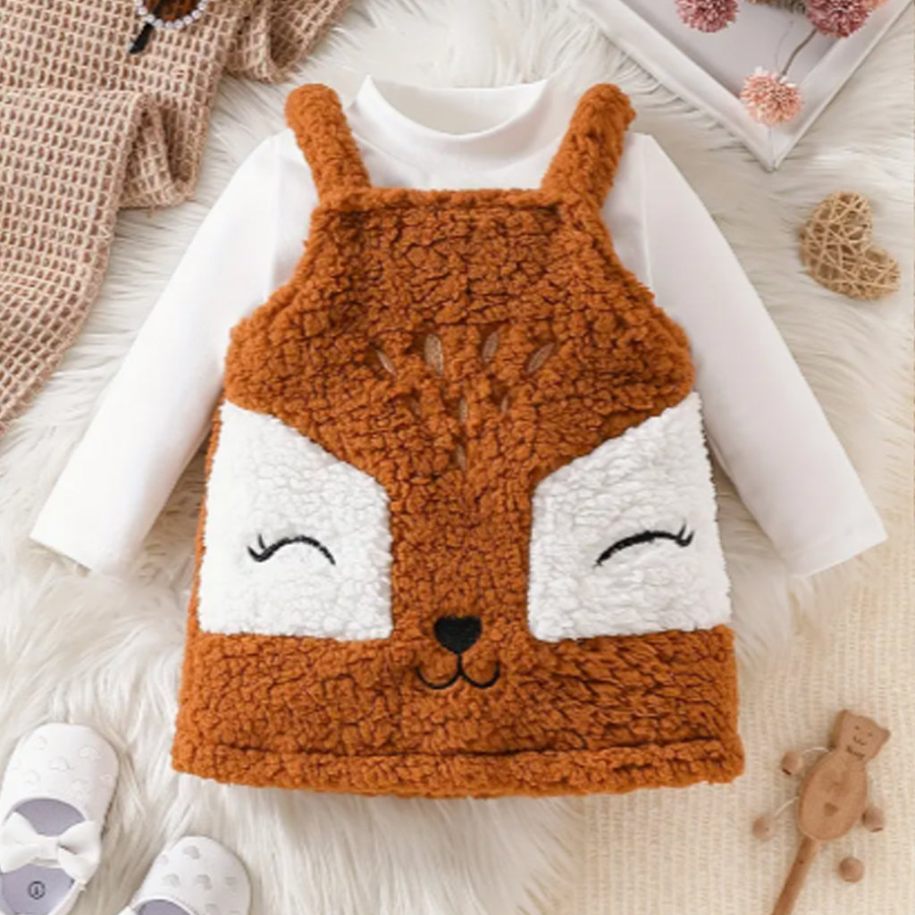 2pcs Baby Girl Animal Embroidery Fuzzy Overall and Mock Neck Long Sleeve Top