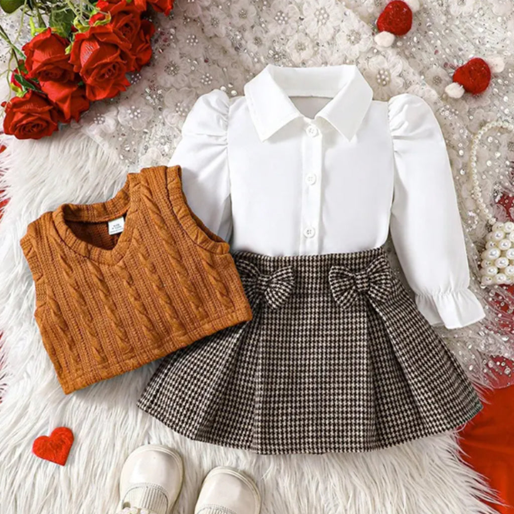 3pcs Baby Girl Puff Sleeves Shirt + Cable Knit Vest and Bowknot Design Plaid Skirt Set
