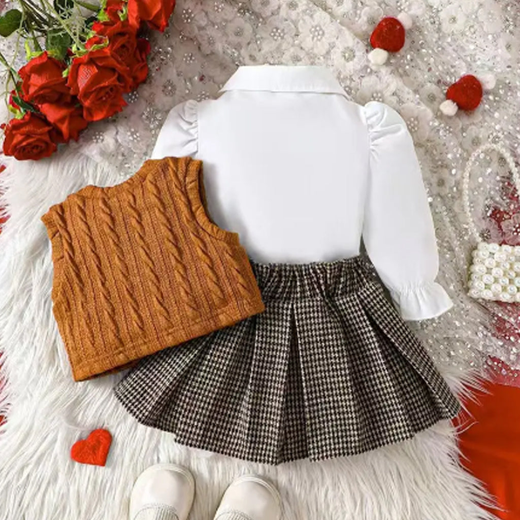 3pcs Baby Girl Puff Sleeves Shirt + Cable Knit Vest and Bowknot Design Plaid Skirt Set