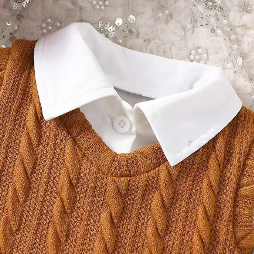 3pcs Baby Girl Puff Sleeves Shirt + Cable Knit Vest and Bowknot Design Plaid Skirt Set