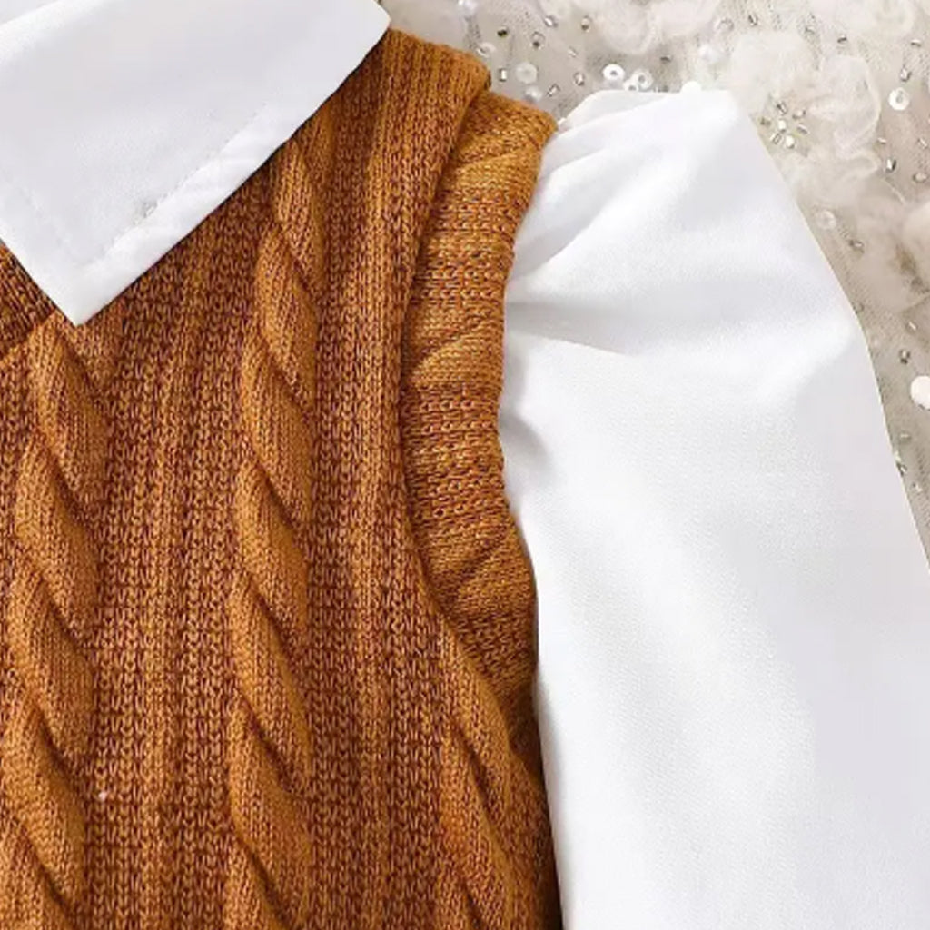 3pcs Baby Girl Puff Sleeves Shirt + Cable Knit Vest and Bowknot Design Plaid Skirt Set