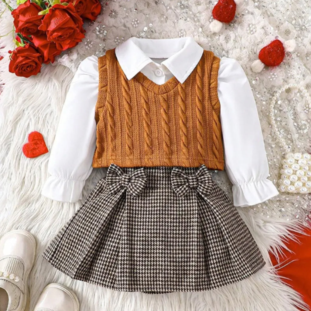 3pcs Baby Girl Puff Sleeves Shirt + Cable Knit Vest and Bowknot Design Plaid Skirt Set