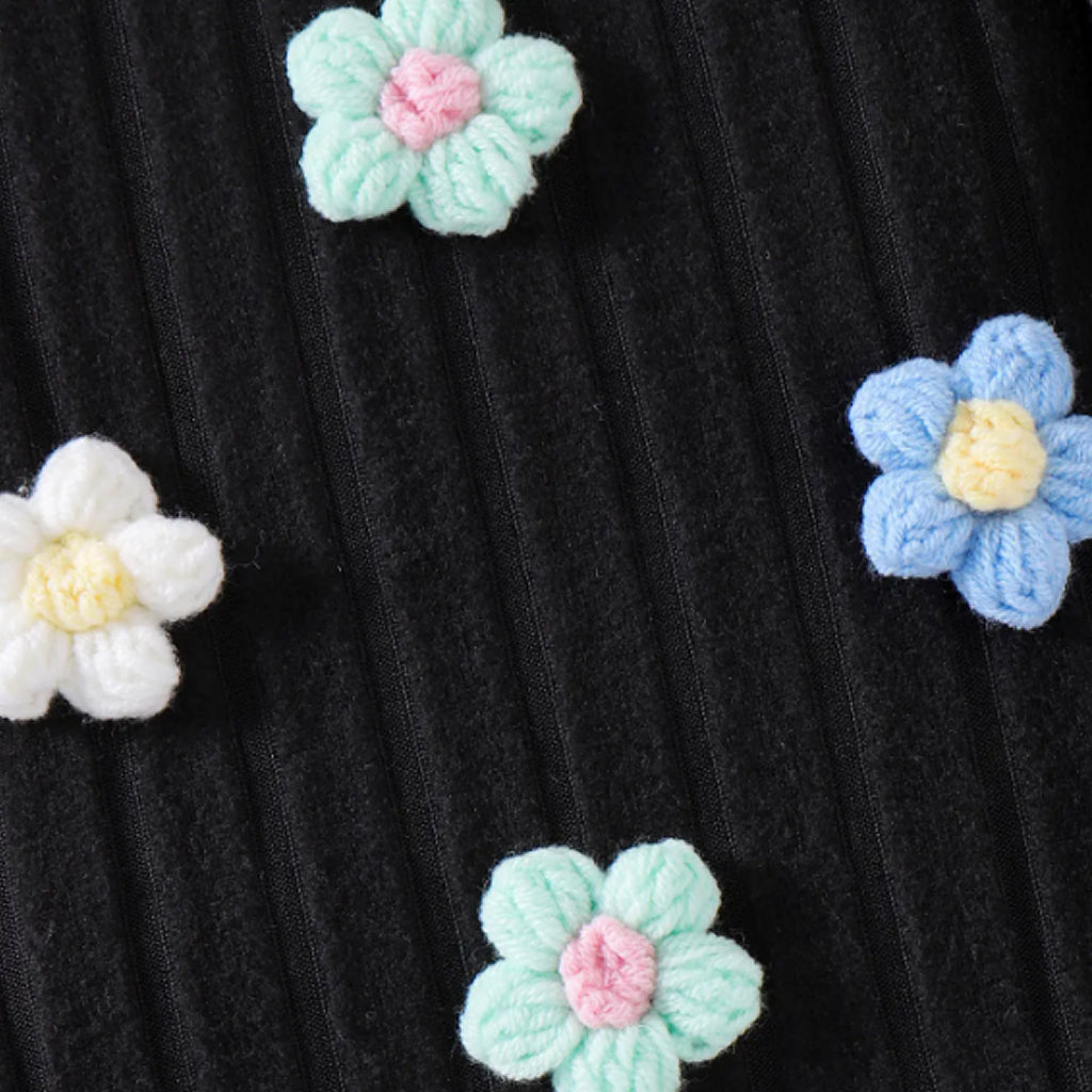 Toddler Girls 3D Embroidery Kint Flower Long Sleeve  A Line Dress