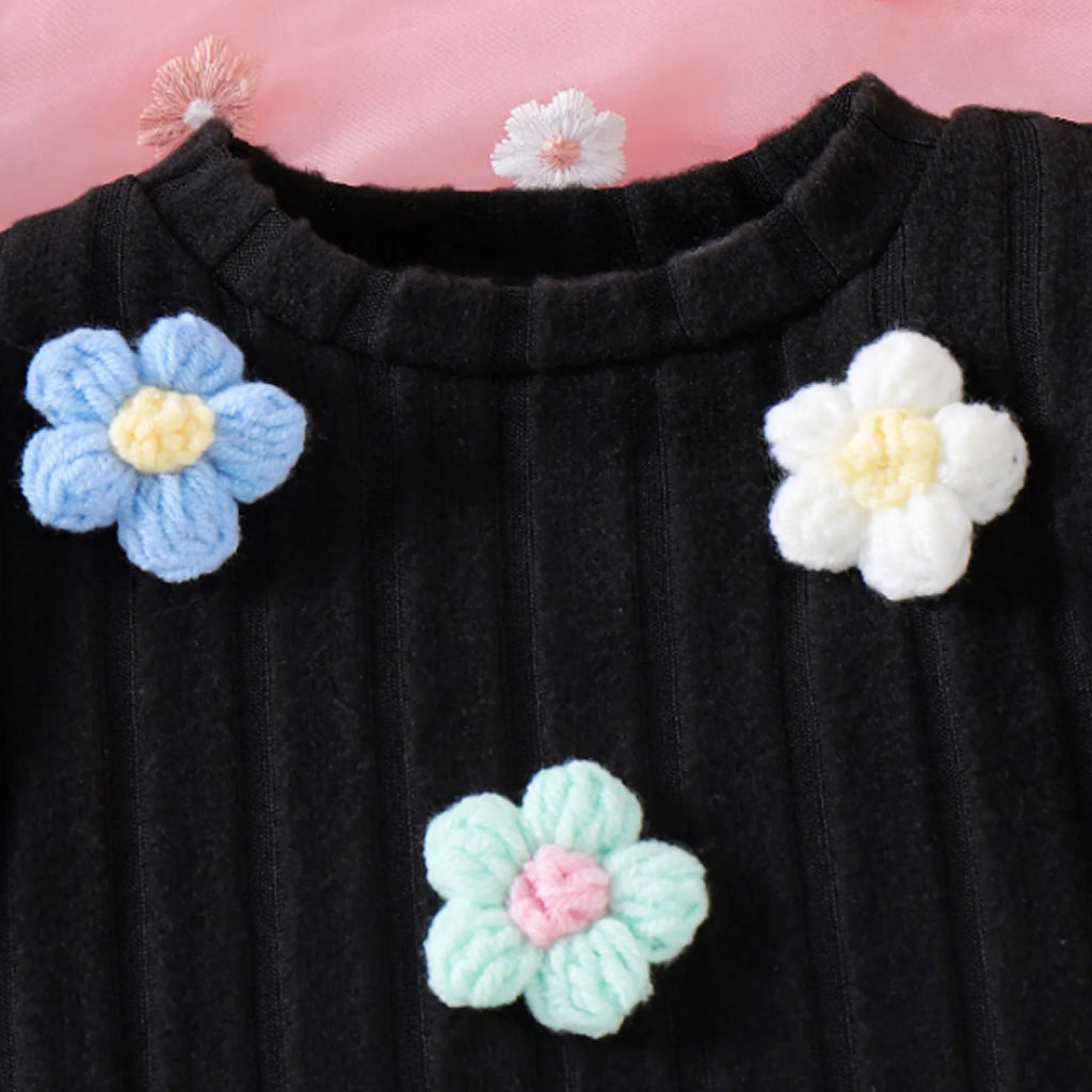Toddler Girls 3D Embroidery Kint Flower Long Sleeve  A Line Dress