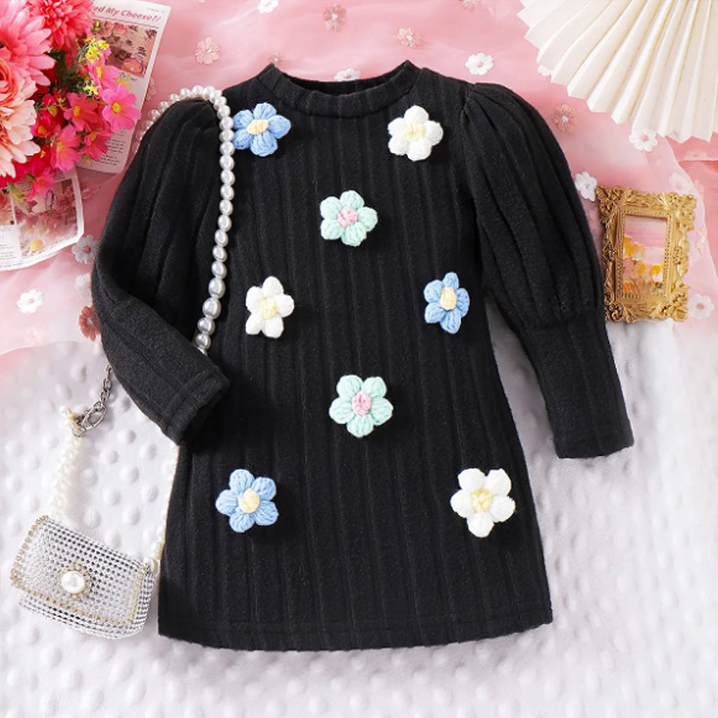 Toddler Girls 3D Embroidery Kint Flower Long Sleeve  A Line Dress