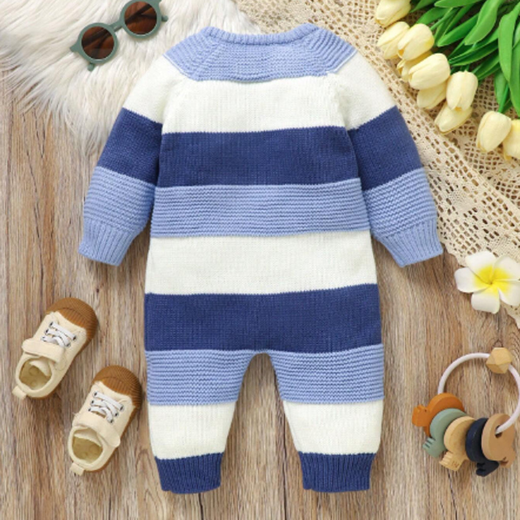 Baby Boy Striped Pattern Round Neck, Causal Style, Long Sleeve Knitted Jumpsuit