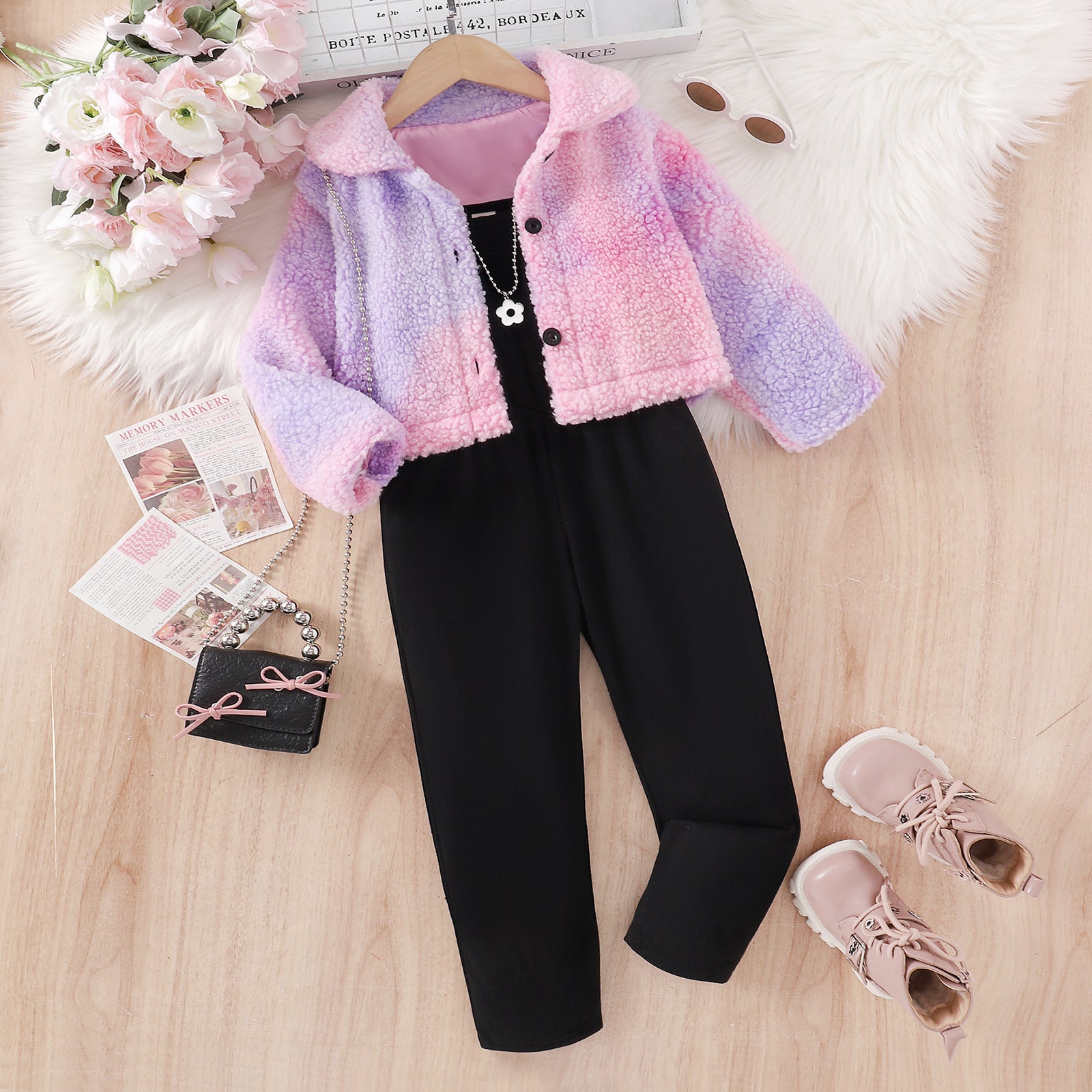 2Pcs Baby Girl Lapel Furry Coat With Suspenders Jumpsuit Trousers