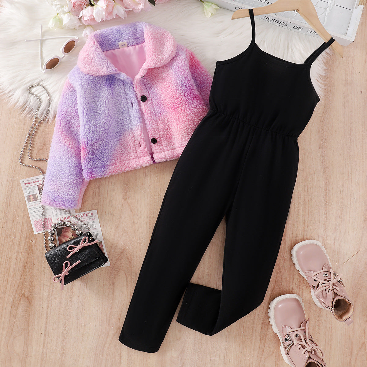 2Pcs Baby Girl Lapel Furry Coat With Suspenders Jumpsuit Trousers