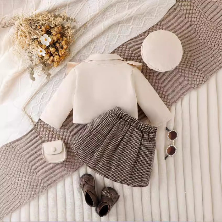 3pcs Girls Ruffle Trim Long Sleeve Lapel Top With Pleated Skirt & Hat (Shirt not included)