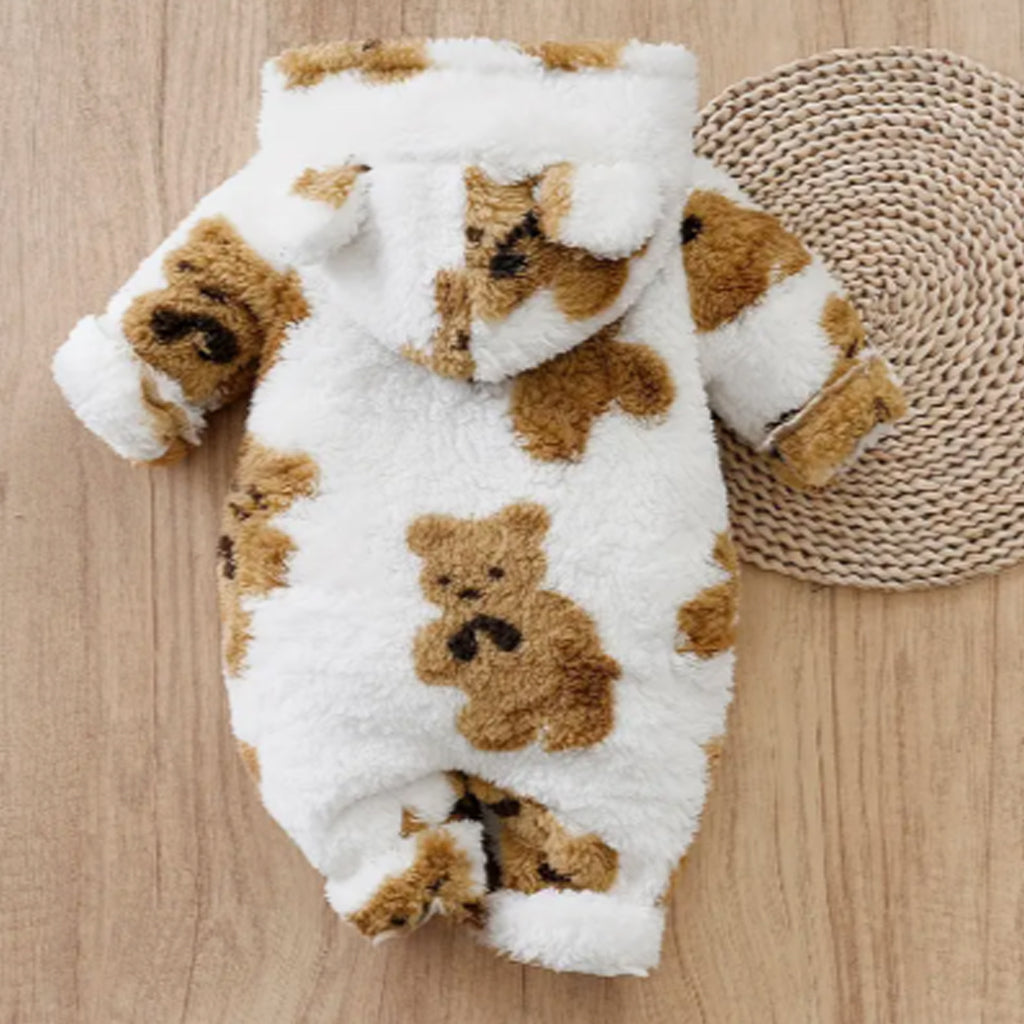 Baby Boy / Girl Teddy Bear Plaid Fuzzy Fleece Long-sleeve Hooded Jumpsuit