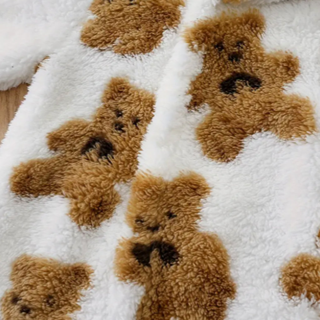 Baby Boy / Girl Teddy Bear Plaid Fuzzy Fleece Long-sleeve Hooded Jumpsuit