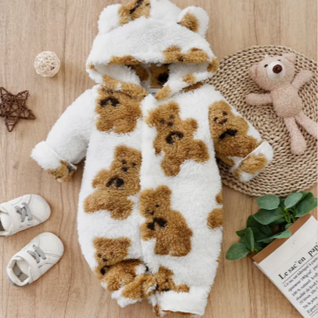 Baby Boy / Girl Teddy Bear Plaid Fuzzy Fleece Long-sleeve Hooded Jumpsuit