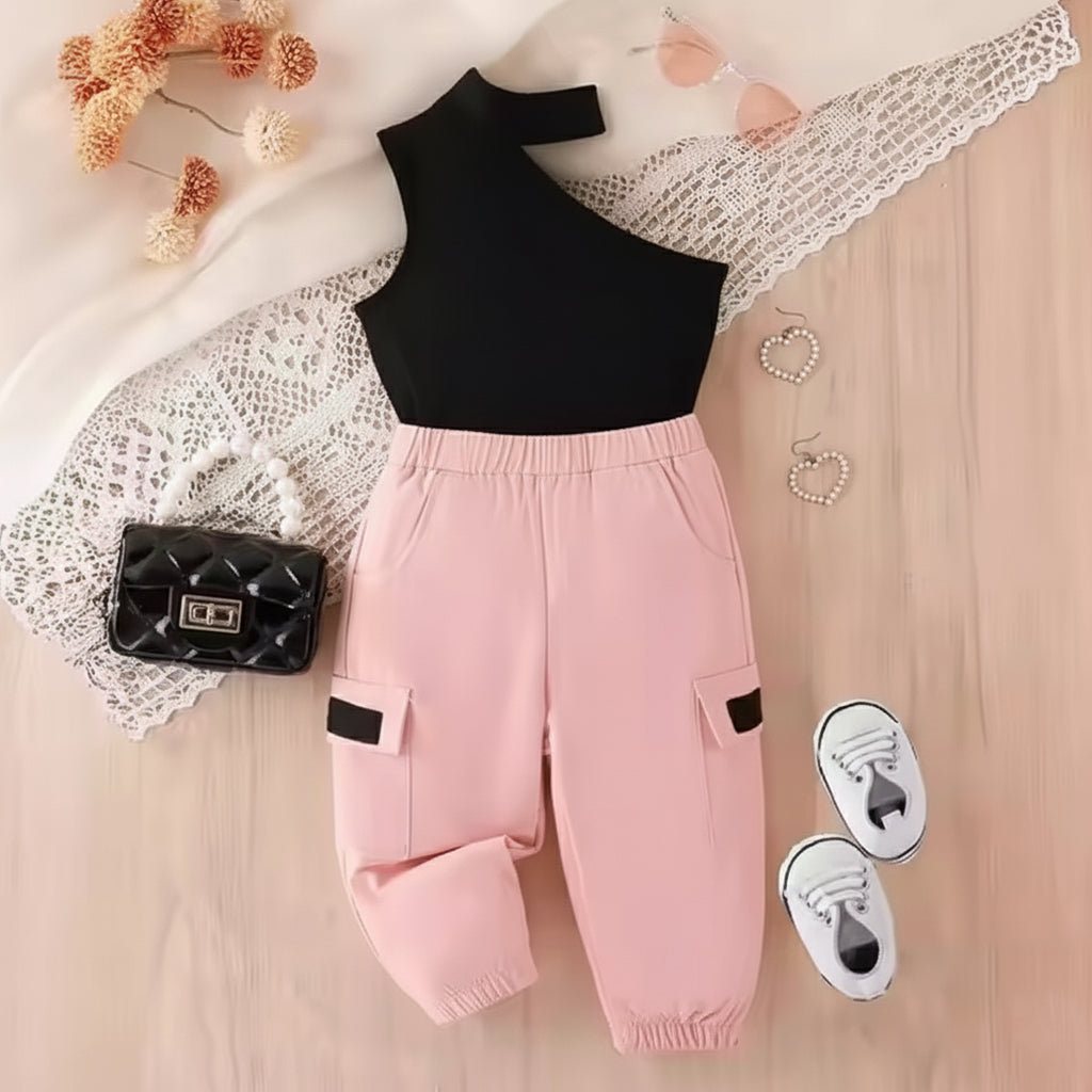 Baby Girl Solid Halter Tee & Flap Pocket Side Cargo Pants