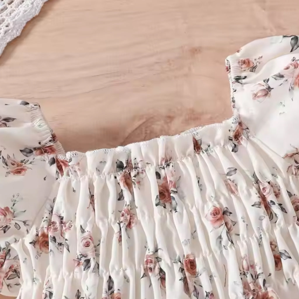 Baby Girls Floral Print Puff Sleeve Romper with Headband Set