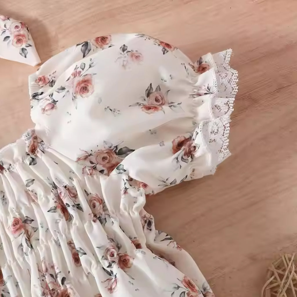 Baby Girls Floral Print Puff Sleeve Romper with Headband Set
