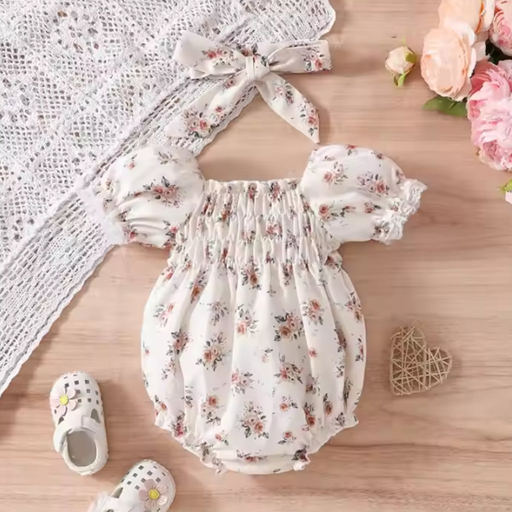 Baby Girls Floral Print Puff Sleeve Romper with Headband Set