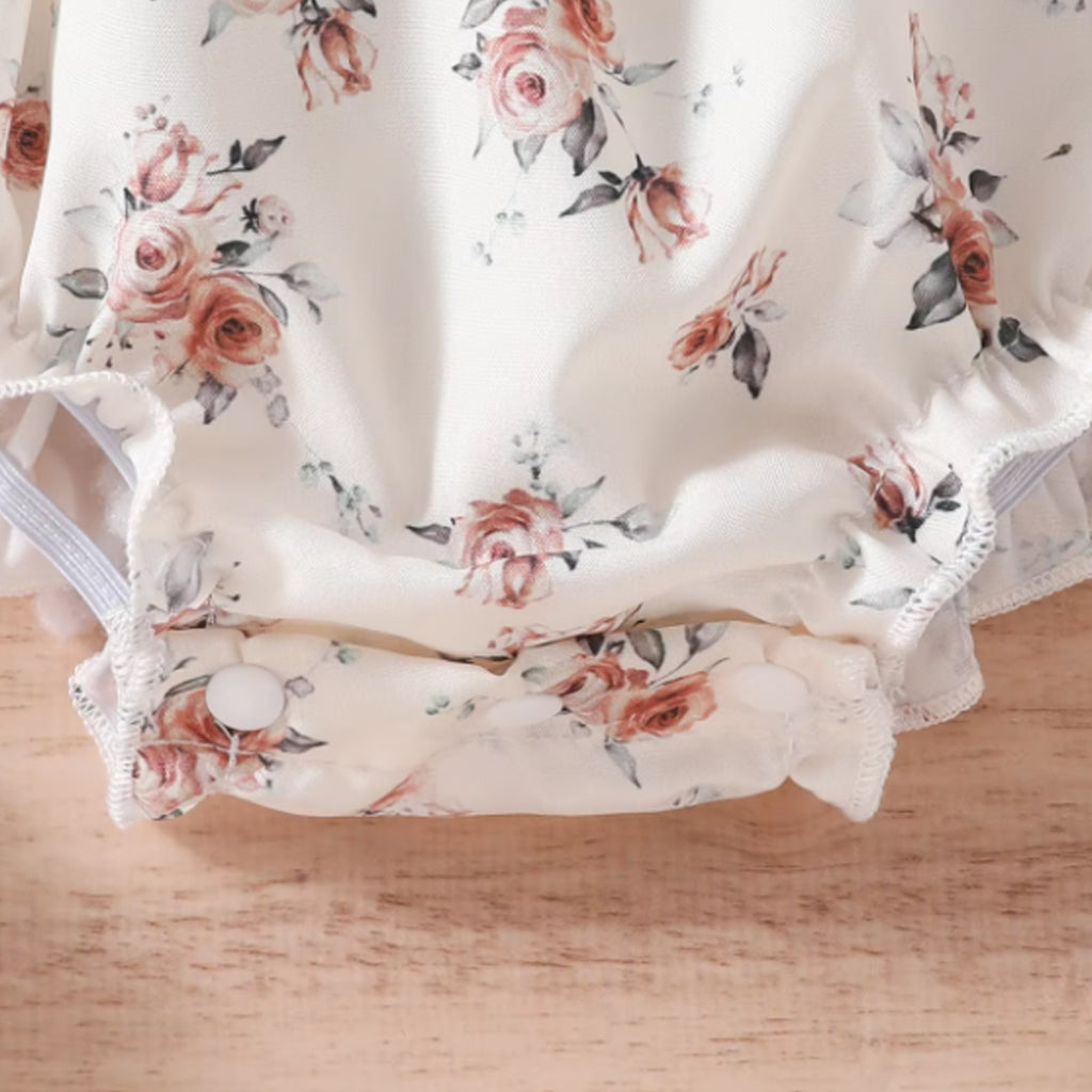 Baby Girls Floral Print Puff Sleeve Romper with Headband Set