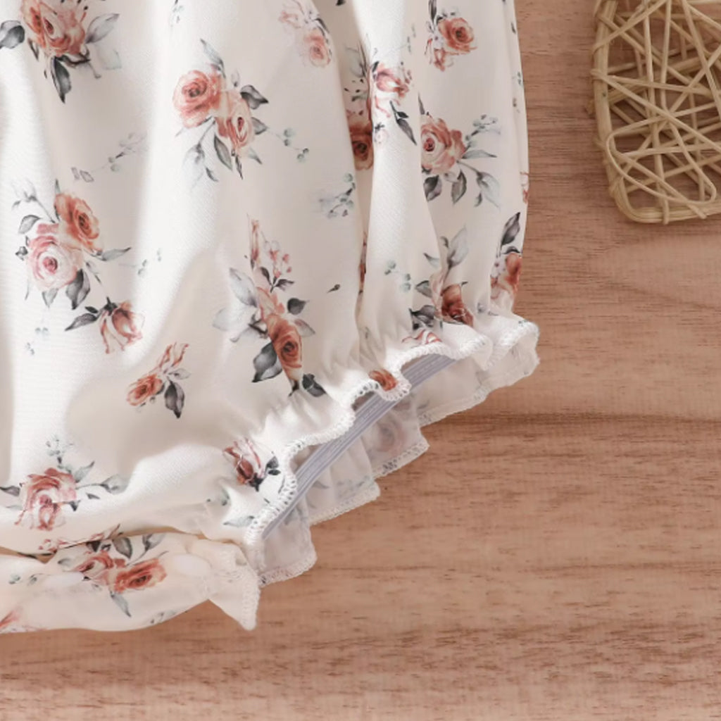 Baby Girls Floral Print Puff Sleeve Romper with Headband Set