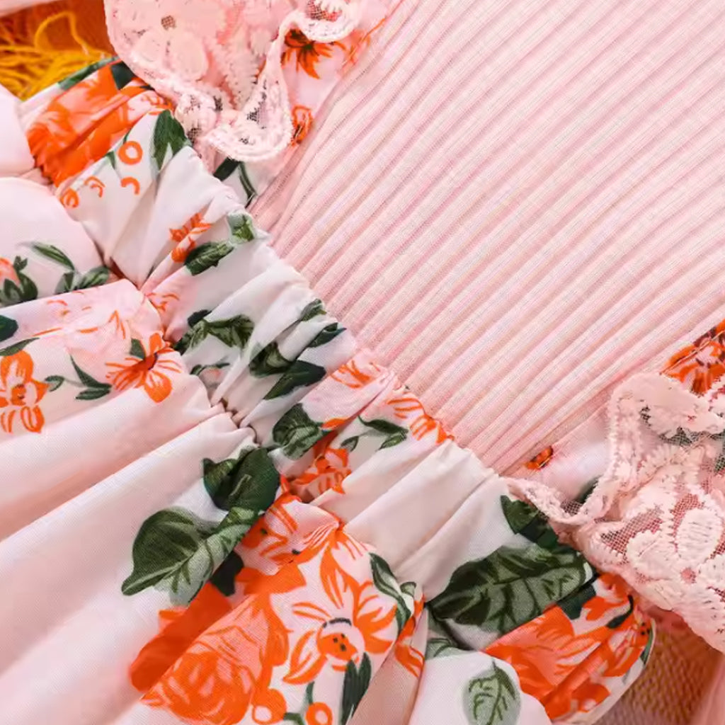 Baby Girl Ribbed Long-sleeve Floral Print Romper with Headband Set