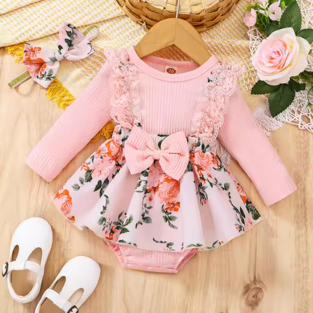 Baby Girl Ribbed Long-sleeve Floral Print Romper with Headband Set