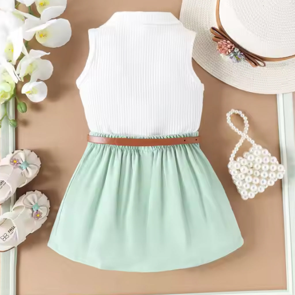 Baby Girl Cute Tank Shirt & High waisted Pleated Skirt With Belt
